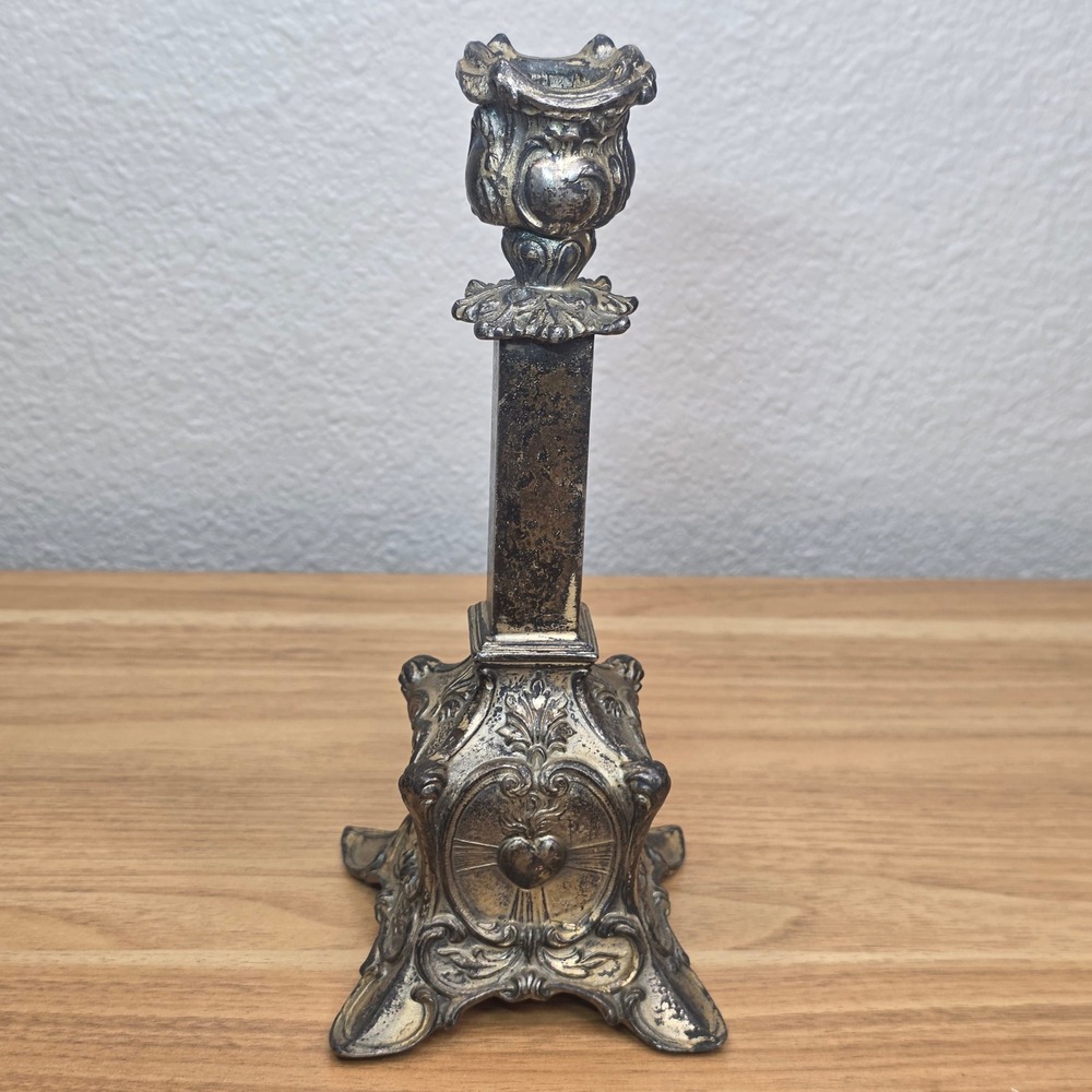 Vintage Baroque Style Cast Metal Altar Candlestick Sacred Heart Made In USA
